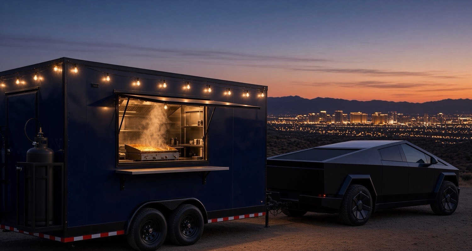 Solo Ryder food trailer and Cybertruck at dusk