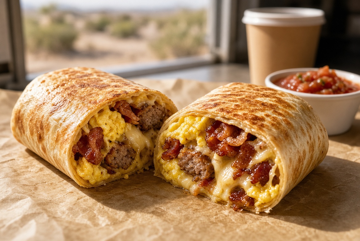 Breakfast burrito with eggs, bacon, and sausage